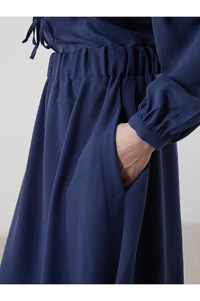 LC Waikiki Lcw Modest Navy Blue Elastic Waist Linen Blended Skirt