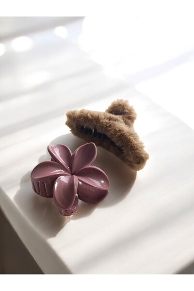 BeyzHal Σετ 2 κλιπ μαλλιών με μανταλάκια - Άνθος λωτού και απαλό βελούδο