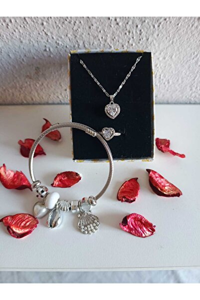JUPİTER HOME Çelik Gümüş Beyaz Charm Bileklik Kolye Ve Yüzük Setti 14 Şubat Sevgililer Günü Hediyesi