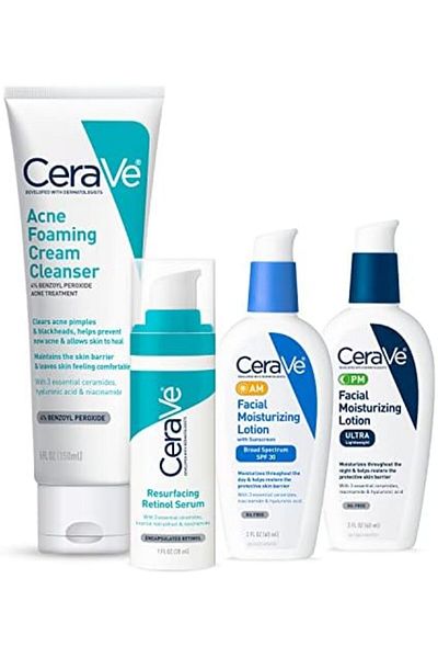 CeraVe Skin Care Set for Acne Treatment with Face Wash, Retinol Serum, AM Moisturizer SPF & PM Moist