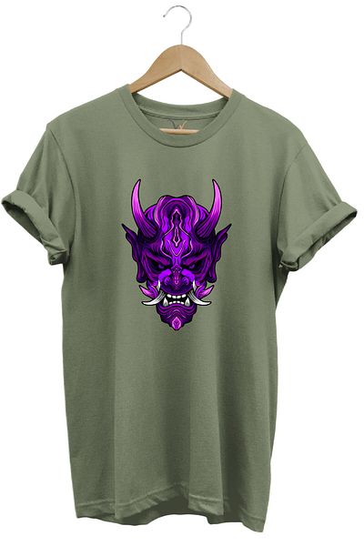 WİDİ Anime Purple Skull Printed 100% βαμβακερό μπλουζάκι με κανονική εφαρμογή με λαιμόκοψη χακί