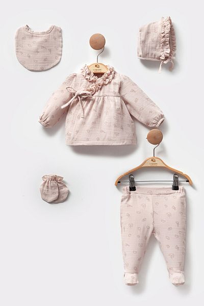 Cassiope Organic Cotton Muslin Fabric Long Sleeve Ruffled Booties 5-Piece Baby Girl Hospital Discharge Set