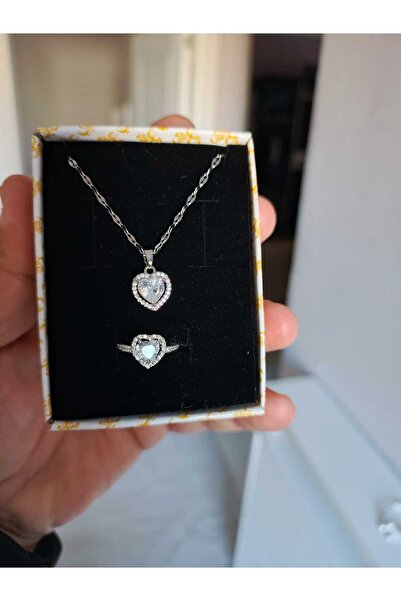 JUPİTER HOME Kadın Aksusear Çelik Beyaz Kolye Ve Yüzük Setti Sevgililer Günü Dogum Günü Yılbaşı Hediyesi