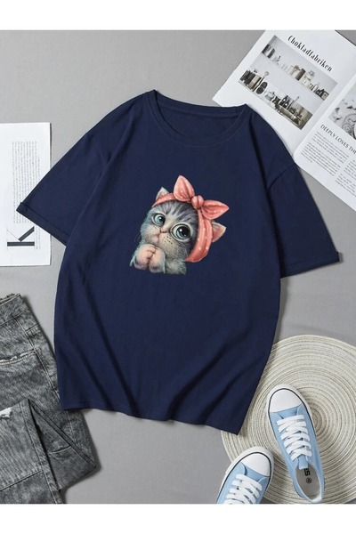 EYAX MODA ΓΥΝΑΙΚΕΙΟ Μπλουζάκι με στάμπα Cute Cat, με λαιμόκοψη Crew Neck και ...