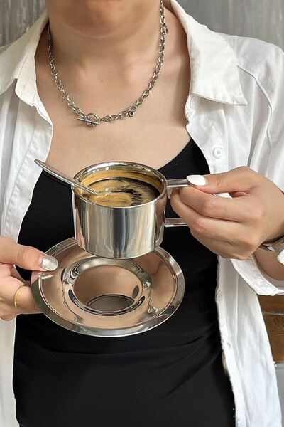 Chavin Çelik 2 Adet 200 ml Çift Cidar Espresso Kahve Fincan Seti Sunum Bardağı mt119-2
