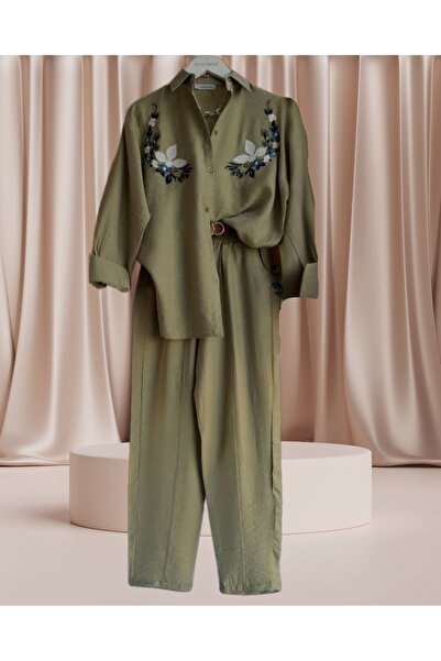 Çağlam moda Keten Nakışlı Takım Çağla yeşili