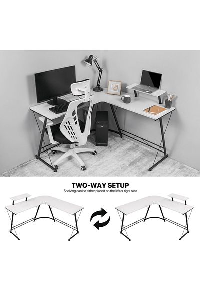 COOYA L Shaped Gaming Desk, With Removable Monitor Shelf, Leveling Studs, Sturdy, 129x71x29cm, White