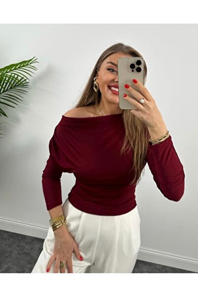 BUSSE BUTİK Kayık yaka drapeli likralı tasarım bluz