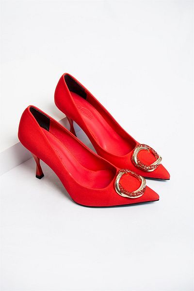 Seniorah Angelica Red Pointed Toe Satin Women's Classic Heeled Shoes - Buckle Detailed