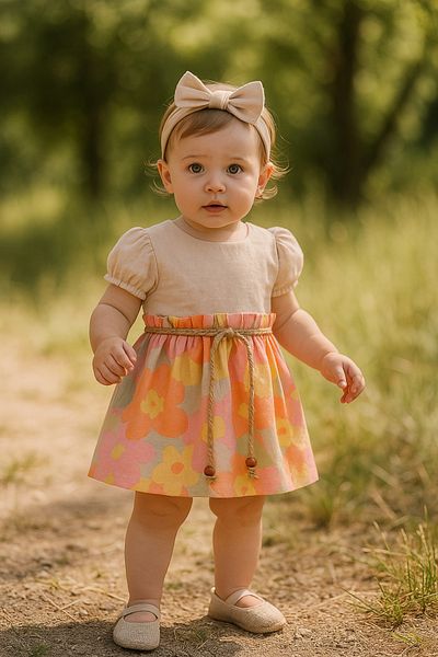 TRENDİMİZBİR Baby Girl Floral Woven Short Sleeve Dress with Belt