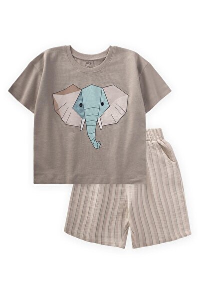 Cigit Soyut Fil Baskılı T-Shırt Takım 2-8 Yaş S Vizon