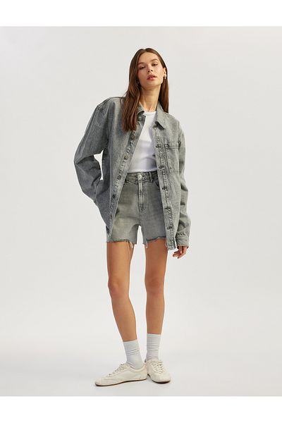 Koton New Season Frayed Tasseled Buttoned Denim Shorts