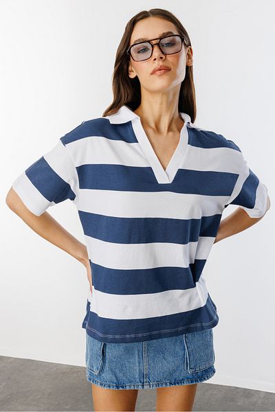 GENIUS STORE Relax Fit Stripe Polo Collar - Κοντό μανίκι