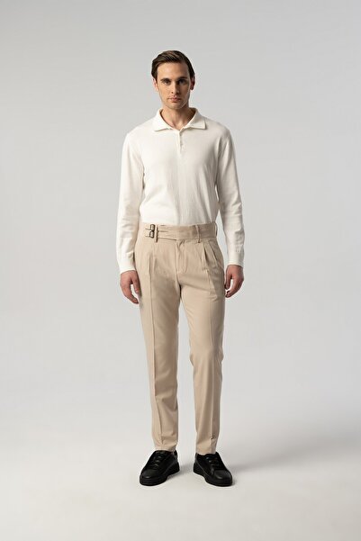 Score Michail Italian Cut Pleated Double Buckle Beige Fabric Trousers 2199-127