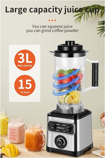 SOKANY 3-in-1 15 Speed Electric Juicer & Coffee Grinder & Meat Blender Chopper Set,0.8L+2L+3L,SK-3333 Black