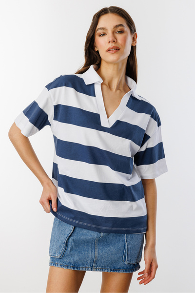 GENIUS STORE Relax Fit Stripe Polo Collar - Κοντό μανίκι