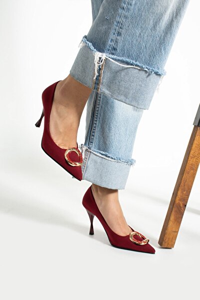 Seniorah Angelica Burgundy Pointed Toe Buckle Satin Women's Classic Heeled Shoes