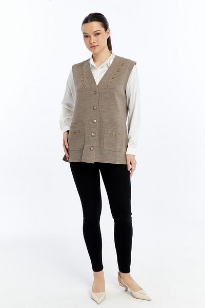 larocci Women's Standard V-Neck Floral Embroidery Mother Vest with Pockets