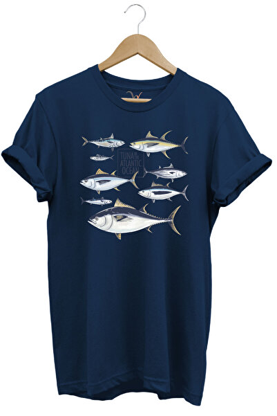 WİDİ Pescuit Pescuit Uzunkanat Orkinos Ton Pește Imprimat 100% Bumbac Regular Fit Tricou bleumarin