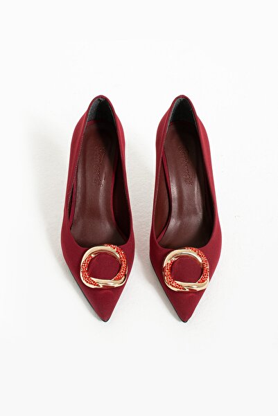 Seniorah Angelica Burgundy Pointed Toe Buckle Satin Women's Classic Heeled Shoes