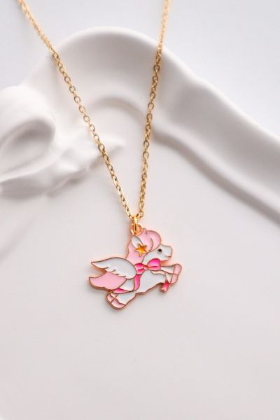 EFBUTİK Pink Unicorn Imported Necklace with Gold Color Chain