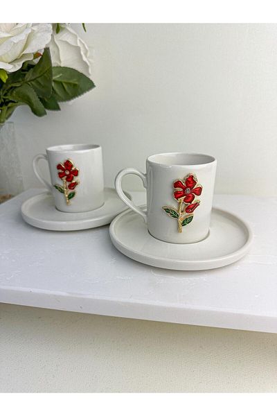 Süper Home Red Floral Patterned 2-Piece Cup Set