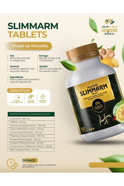 Marham Herbal Slimmarm Tablets: Ultimate Solution to Support Healthy Weight Management & Fat Burner | 60 Tablets
