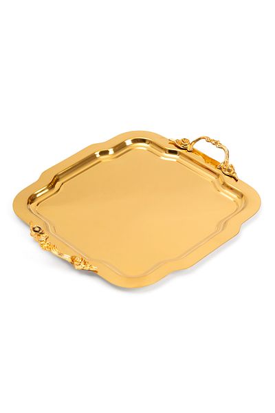 NEWTREND Züccaciye 1 Lux Gold Daisy Tray Lina Handle Model Stainless Steel Tea, Coffee, Service Presentation Tray