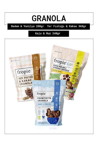 FROPİE Fropie Almond & Vanilla - Peanut & Cocoa - Kids Cashew & Banana Cubes Granola Set of 3