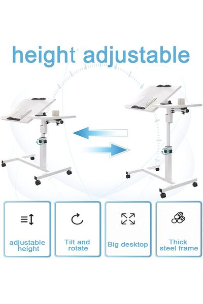 COOYA Mobile Overbed Bedside Table,Adjustable Height,with 4 Wheels,Rotating Desktop,for Sofa Bed