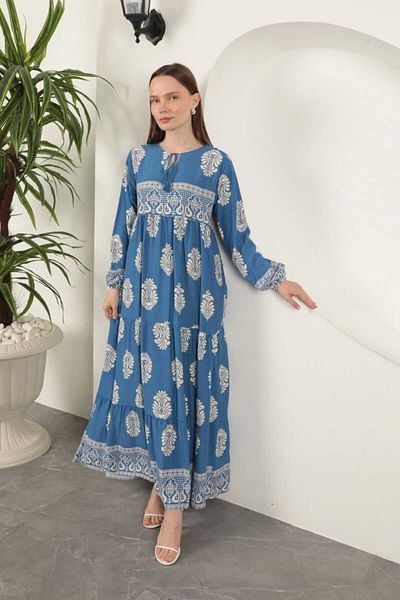 MODAMERSİ Women's Blue Tassel Detailed Viscose Fabric Ethnic Patterned Long Hijab Dress
