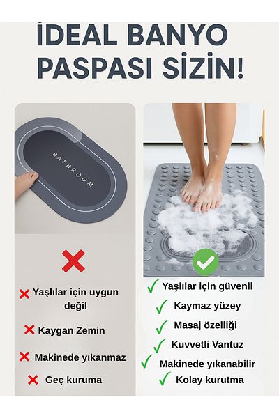 Mapple Home Μπανιέρα καμπίνας ντους με βεντούζα - 36x69,5 cm, χαλάκι μπάνιου