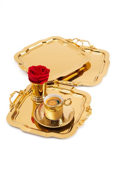NEWTREND Züccaciye Luxury 3-Ten Gold Daisy Tray Lina Handle Stainless Steel Tea-Coffee-Serving Tray