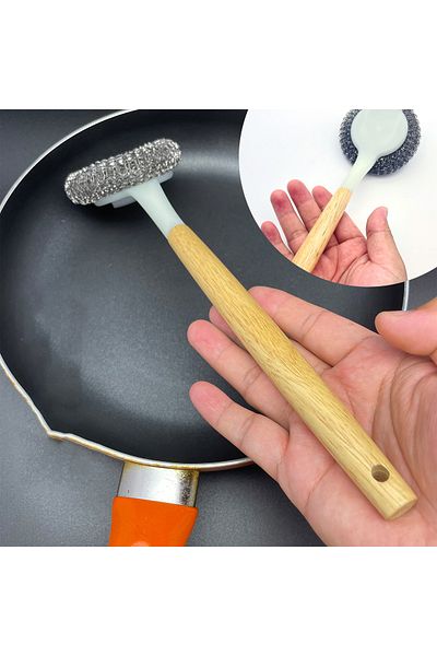 Vadi Stainless Steel Wire Brush with Bamboo Handle Pans and Pots Cleaner