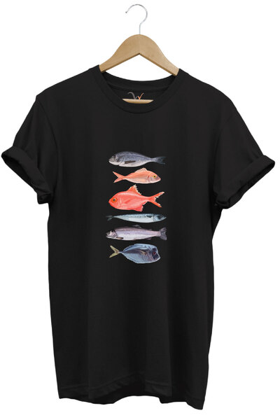 WİDİ Tricou cu decolteu rotund, 100% bumbac, cu imprimeu de pescuit, cu desig...