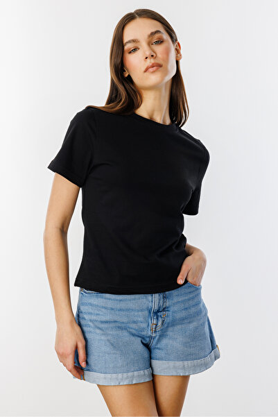 GENIUS STORE Tricou de damă cu mânecă scurtă din bumbac organic Tricou crop cu decolteu triplu FEME-T-SHIRT