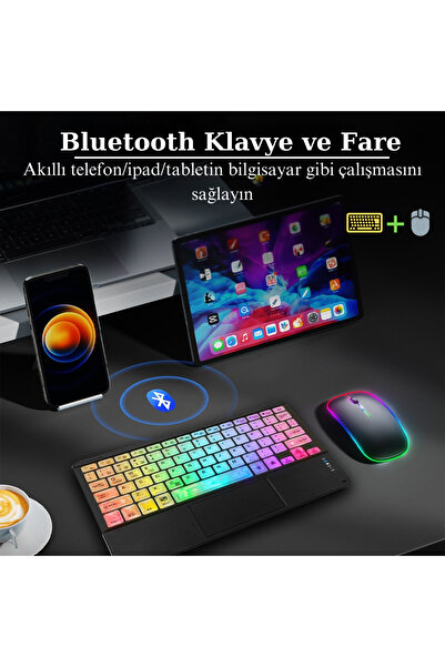 MultiZone RGB Renkli Aydınlatmalı Kablosuz Bluetooth Mouse Klavye Seti Slim Tablet Telefon Uyumlu