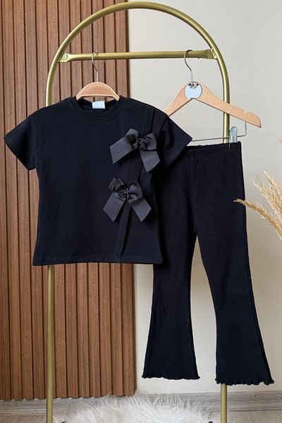 Monila Girl's Grosgrain Bow Detailed Cotton Tshirt and Spanish Leggings Bottom Top Set
