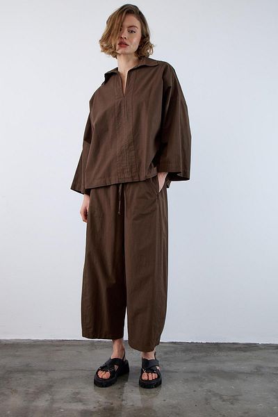 TENA Women's Brown Loose Sleeve Oversize Shirt Waist Shirred Loose Leg Trousers Set