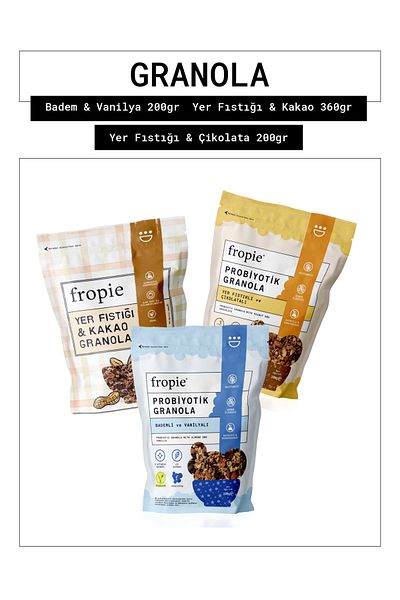 FROPİE Probiotic Almond & Vanilla - Peanut & Cocoa - Probiotic Peanut & Chocolate Granola Set of 3