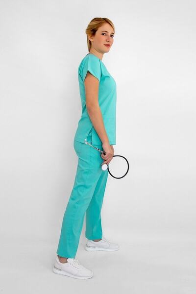 Nur Medikal Giyim Set de uniforme unisex din lycra verde turcoaz pentru asistentă medicală