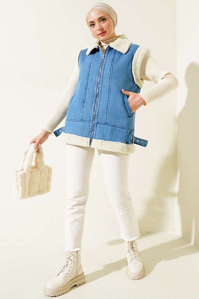 İKLİM LİFE Denim Vest with Plush Inside Zipper