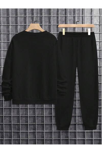 PENTHİLUS Ανδρικό κοστούμι casual 2 τεμαχίων, μπλουζάκι με μακρυμάνικο στάμπα αρκουδάκι με στρογγυλή λαιμόκοψη και παντελόνι