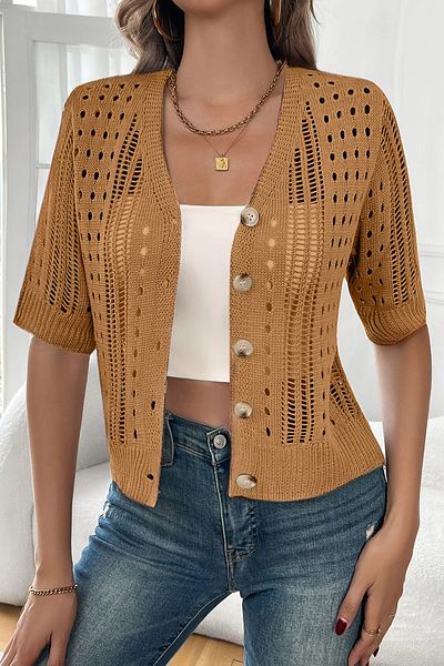 AQE FASHION Cardigan tricotat cu decolteu în V, cu mâneci scurte, ajurat de vară