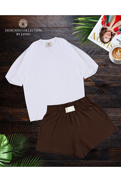 JANSO GROUP - Women Short Sleeve Tshirt-Shorts Set Large Size Oversize Cotton Double Colored