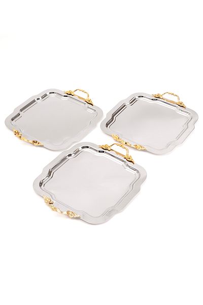 NEWTREND Züccaciye 3-Piece Luxury Silver Daisy Tray Lina Handle Model Stainless Steel Tea, Coffee, Service Presentation Tray