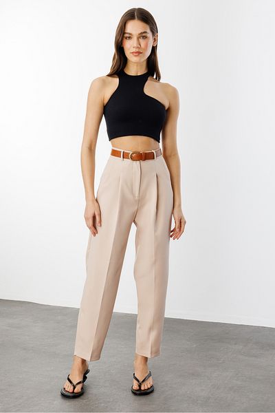 GENIUS STORE Women's Slim Leg Pleated Belted Seasonal Fabric Trousers with Belt-Pants