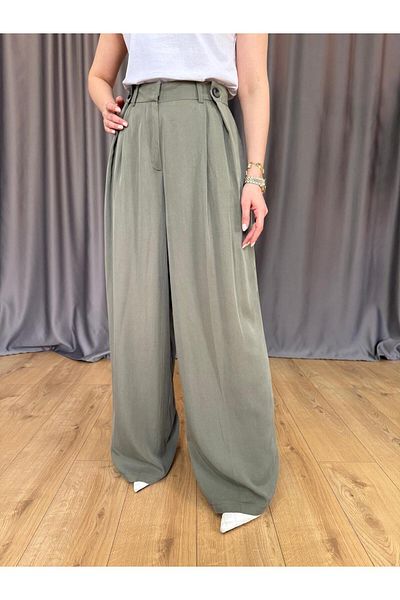 Size Özgü Khaki Button Detailed Pleated Palazzo Trousers
