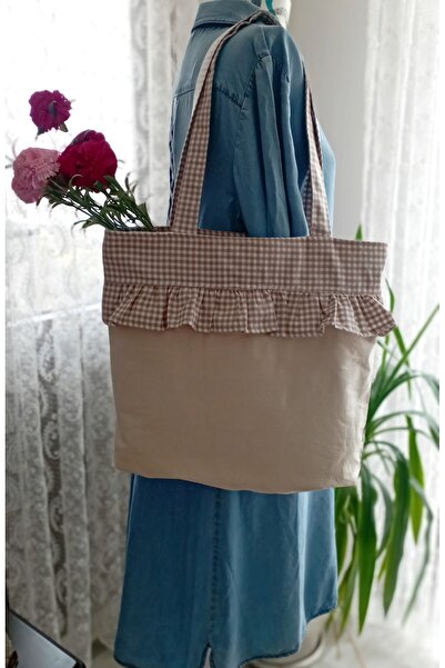 Mufincollection Plaid Ruffle Detailed Handmade Tote Bag