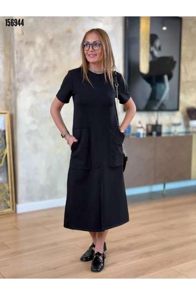 JANES Γυναικείο κοντομάνικο φόρεμα με λαιμόκοψη με τσέπες μπροστά με σκίσιμο βισκόζης με δύο κλωστές